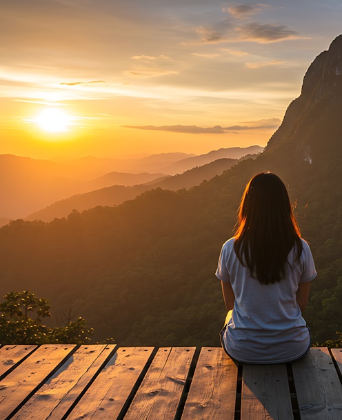 young woman enjoying the stunning mountain nature landscape view at sunset