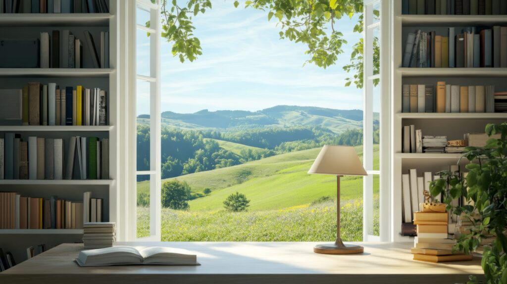 a serene study area with a large window framing a view of green hills, a simple desk, a lamp, and bookshelves on a sunny day