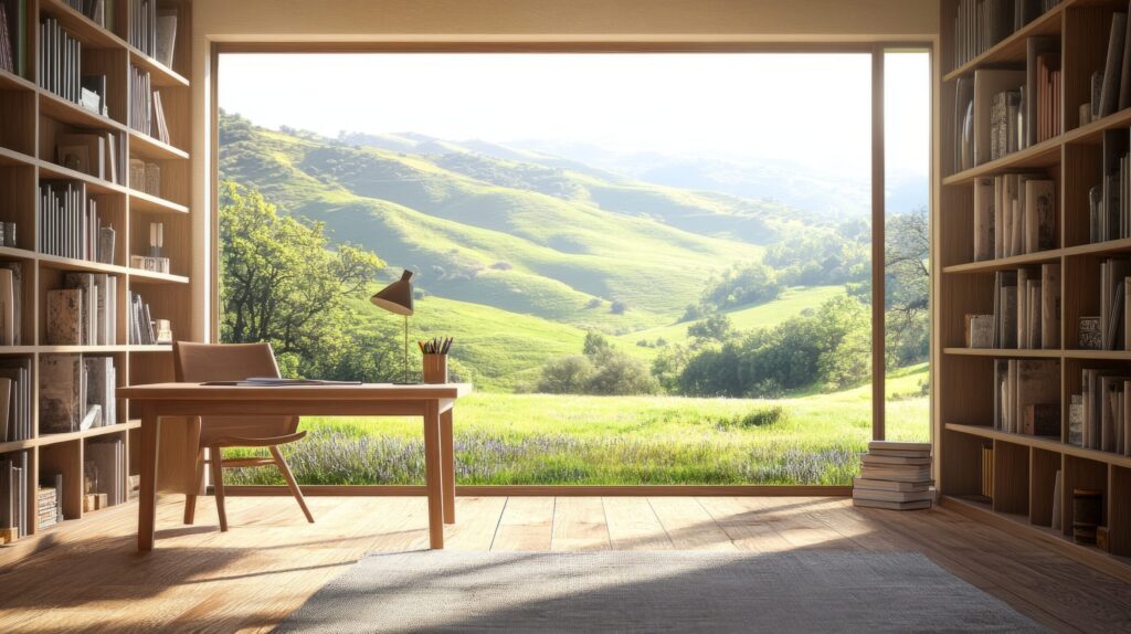 a serene study area with a large window framing a view of green hills, a simple desk, a lamp, and bookshelves on a sunny day