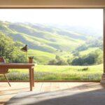 a serene study area with a large window framing a view of green hills, a simple desk, a lamp, and bookshelves on a sunny day
