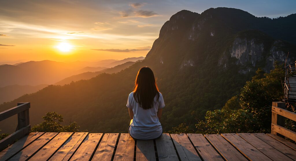 【安心の終活】青森のおひとりさまの遺言書作成・死後事務手続き young woman enjoying the stunning mountain nature landscape view at sunset