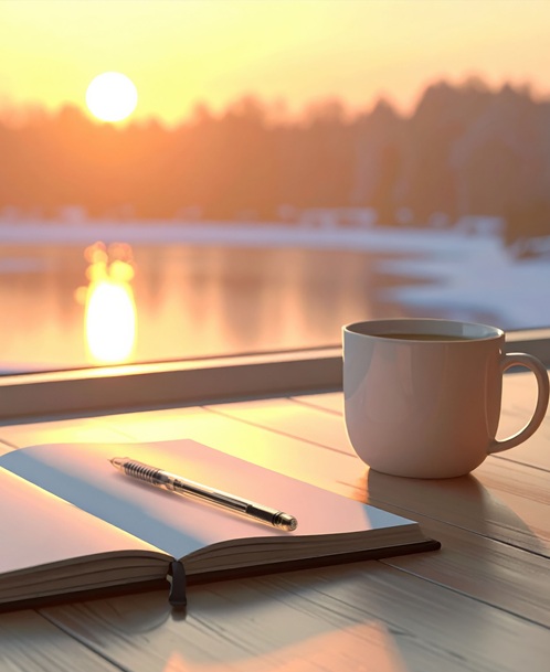 【安心の終活】青森のおひとりさまの遺言書作成・死後事務手続き new year planning. open notebook and pen on wooden table with coffee cup, overlooking serene winter sunrise by lake