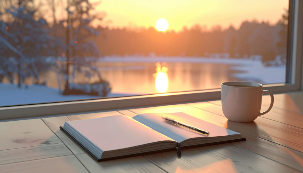 離婚協議書作成 new year planning. open notebook and pen on wooden table with coffee cup, overlooking serene winter sunrise by lake