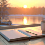 new year planning. open notebook and pen on wooden table with coffee cup, overlooking serene winter sunrise by lake
